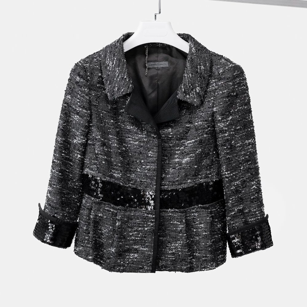 Alberta Ferretti Sequin Trim Grey and Black Tweed Jacket